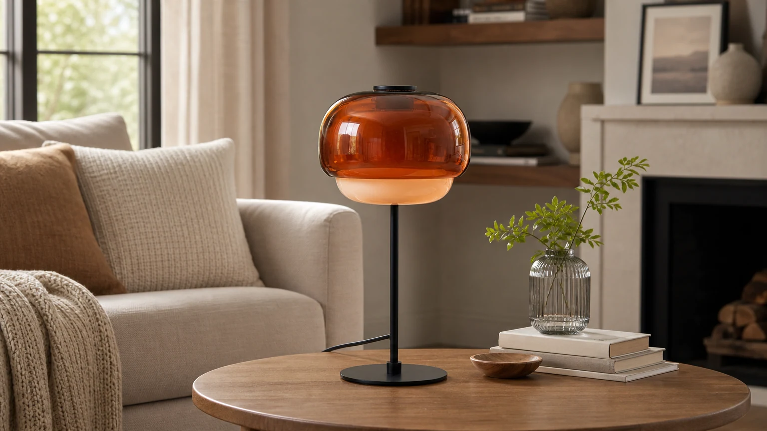 Clinco sopp-bordlampe i glass med dobbel skjerm i et varmt interiør