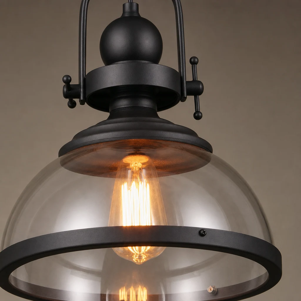 Bliski widok czarnych detali z żelaza i szkła lampy wiszącej M165