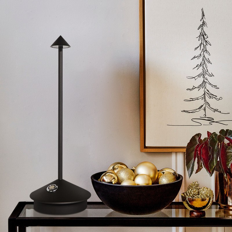Black Pina lamp on a console with artwork