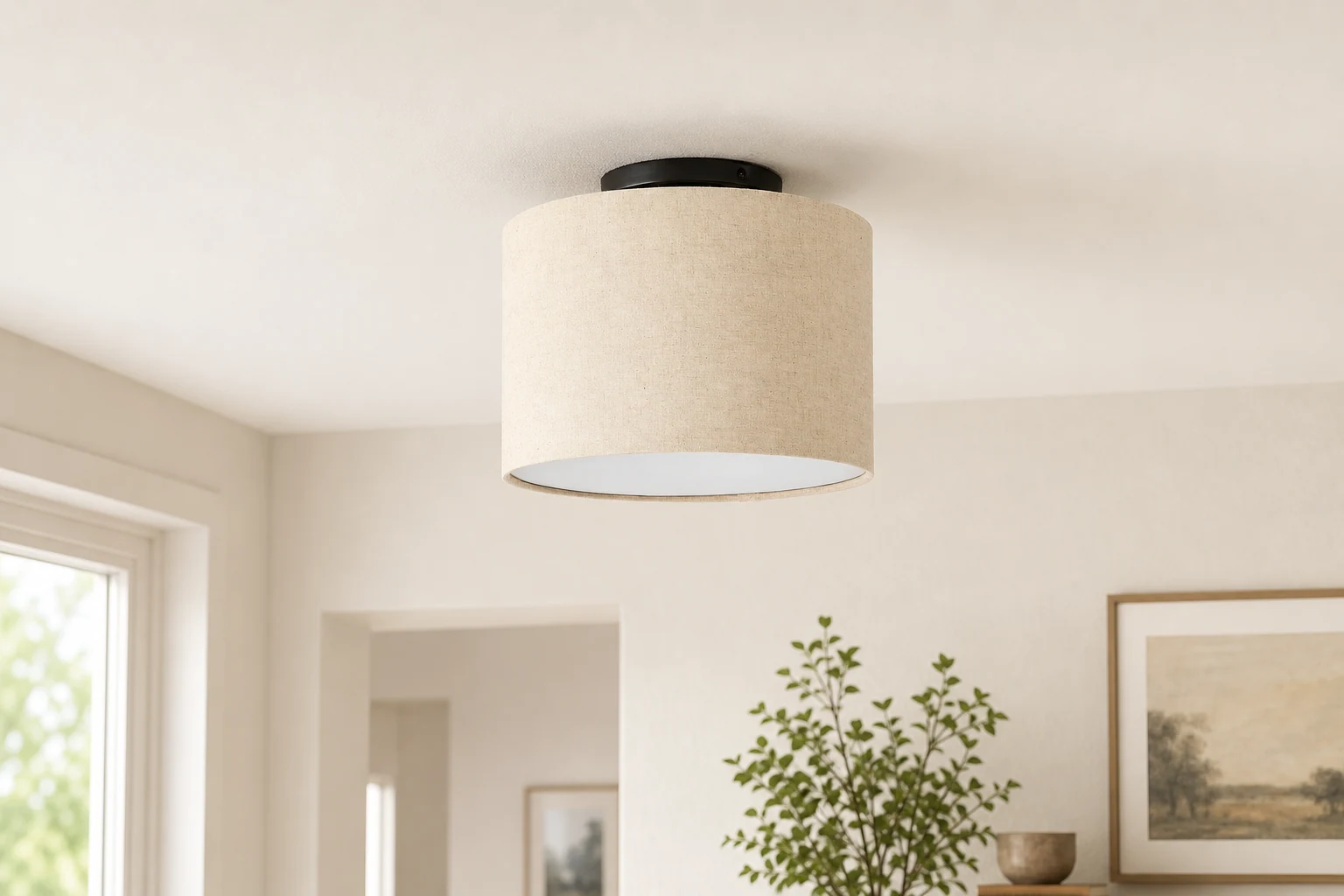 Lámpara de techo Jelvane con pantalla cilíndrica de lino, mostrada en una escena de una habitación de estilo de vida.