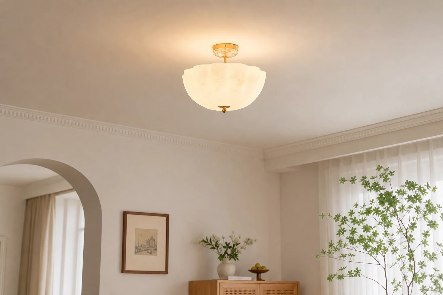 Livsstilsromsscene som viser blomstertaklampen i bruk