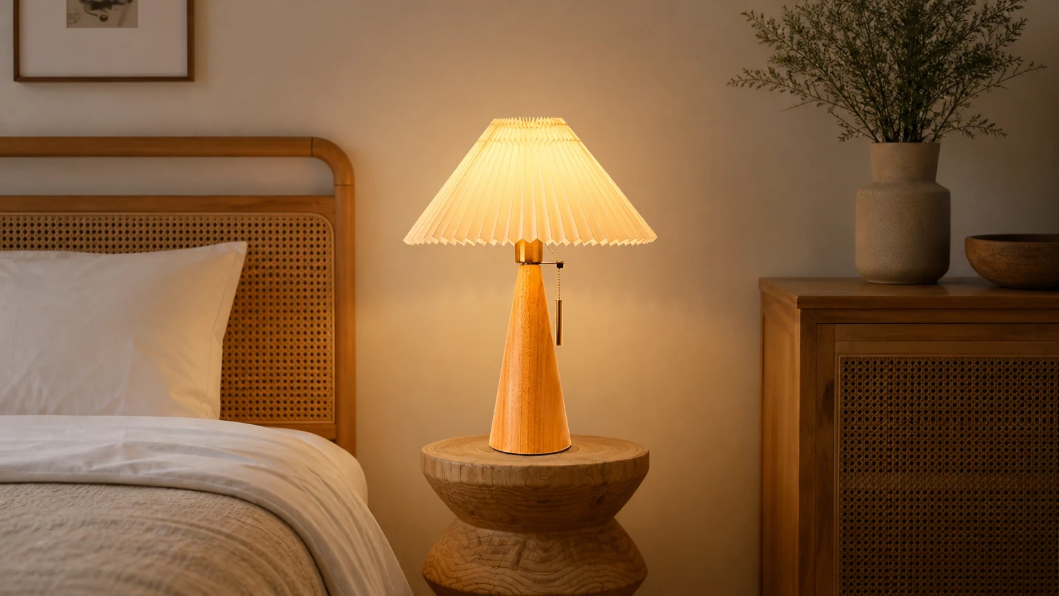 Drewniana lampa stołowa Fashion Vintage M152 w ciepłej scenerii wnętrza