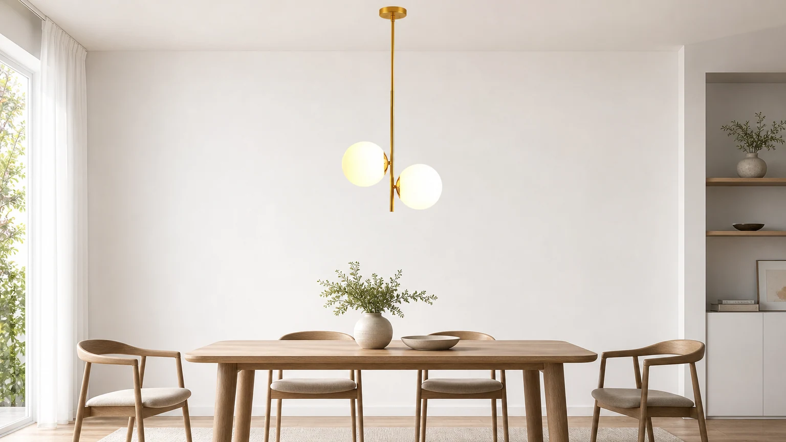 Lampa wisząca w kształcie kulki ze szkła opalowego zainstalowana w ciepłym pomieszczeniu
