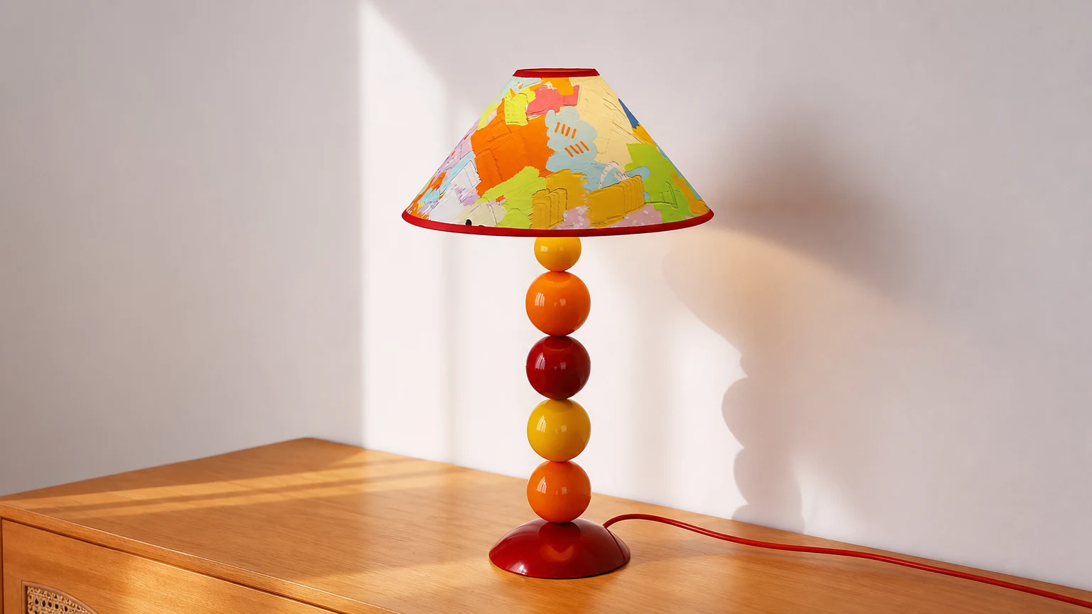 Retro kolorowa lampa stołowa w kształcie kulek w ciepłej scenie wewnętrznej