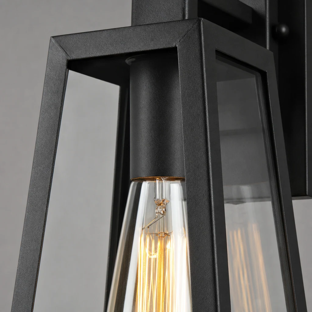Zbliżenie konstrukcji metalowej i szklanej lampy ściennej TRAXY Trapezium