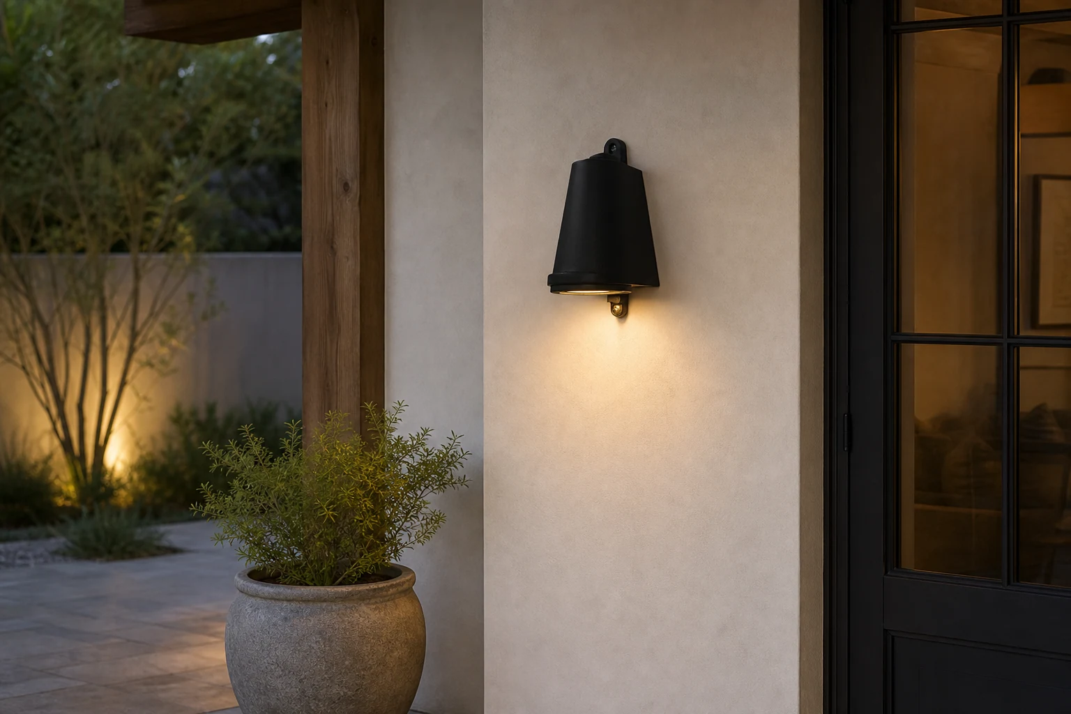 Aplique de pared exterior con forma de campana en una escena de estilo de vida al aire libre.