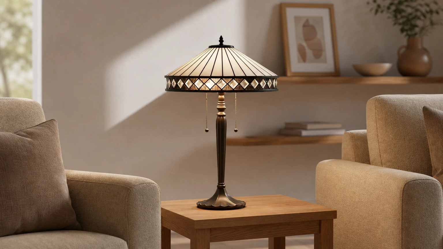 Lampa stołowa TF Fargo w stylu Tiffany'ego w ciepłym pomieszczeniu