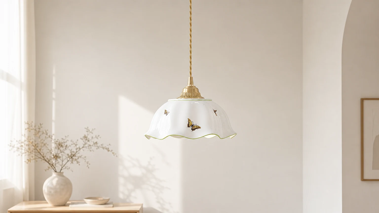 Ceramiczna lampa wisząca w stylu retro w kolorze kremowym w ciepłej oprawie wnętrza