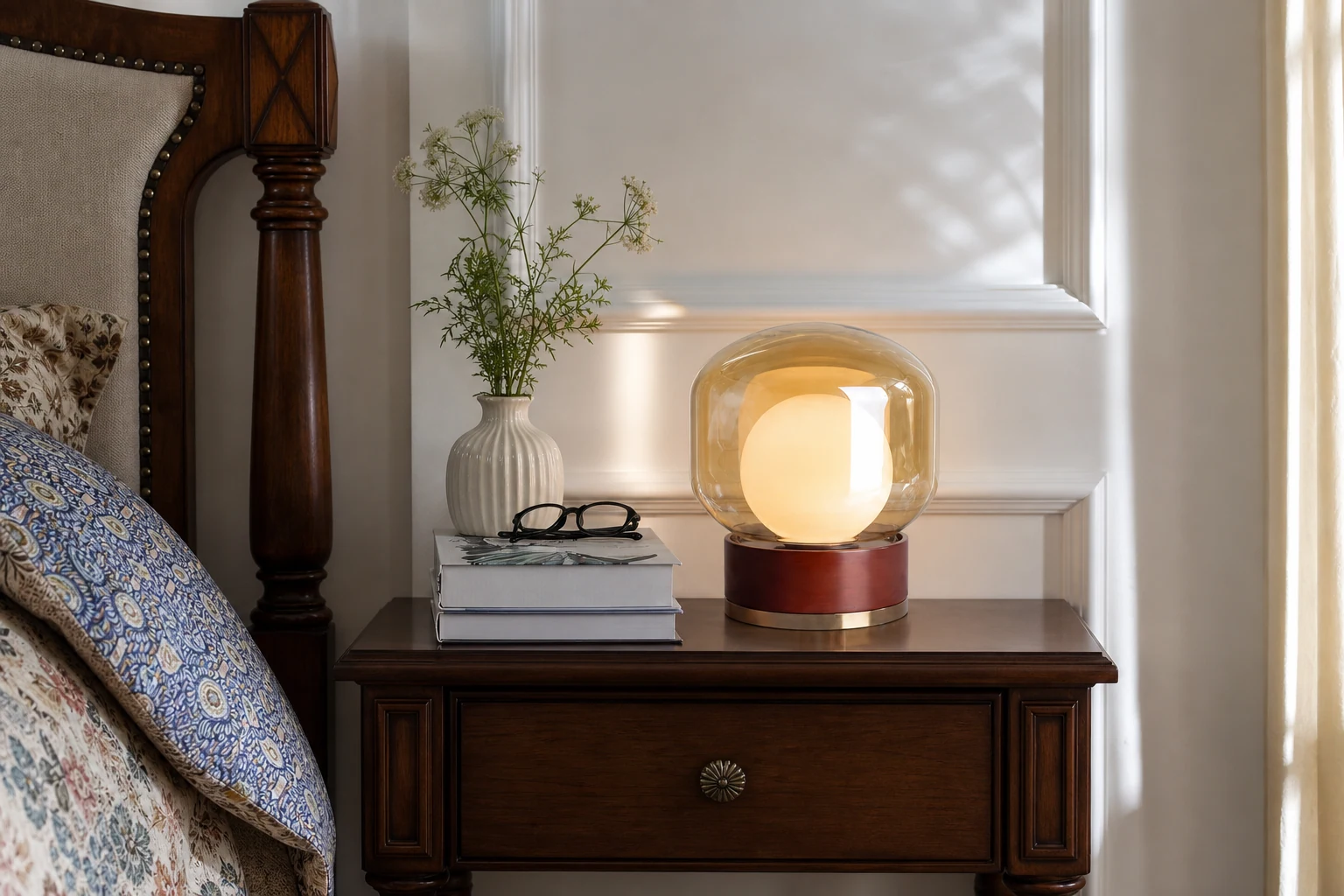 Lampa stołowa z drewnianą kulą w scenie lifestylowej