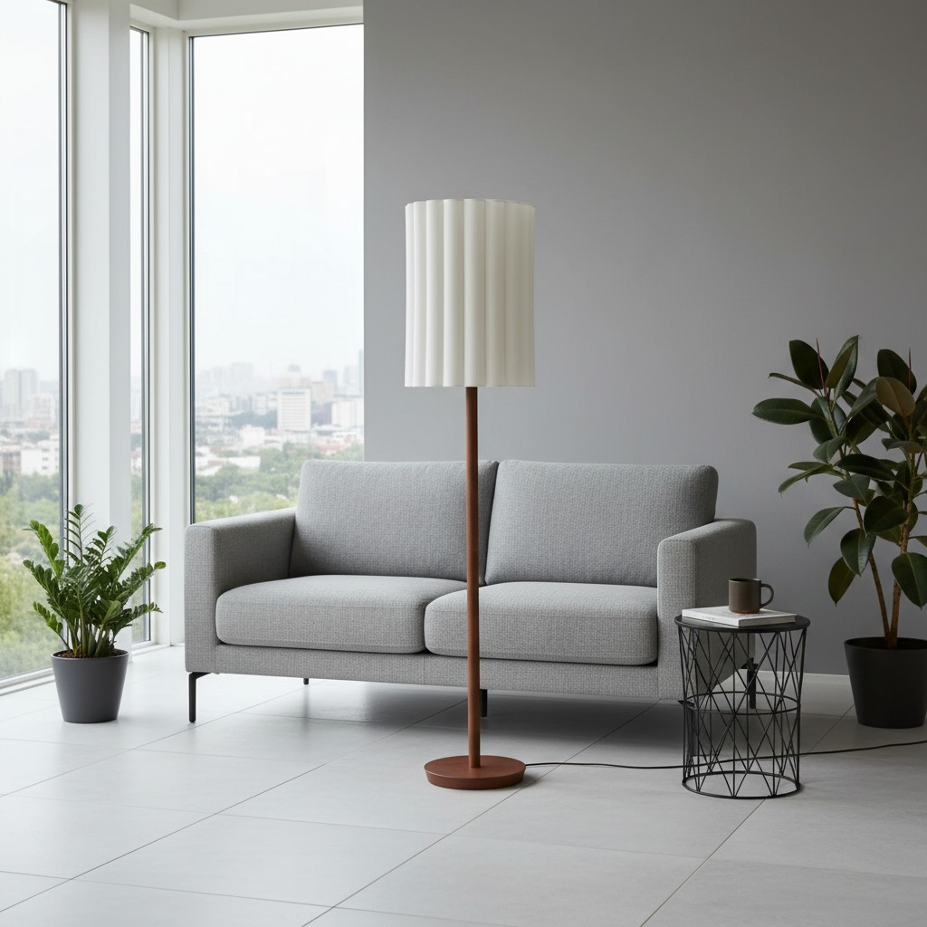 Linbron Walnut Wood Floor Lamp with Fluted Linen Shade - Modern Natural Home Decor T648