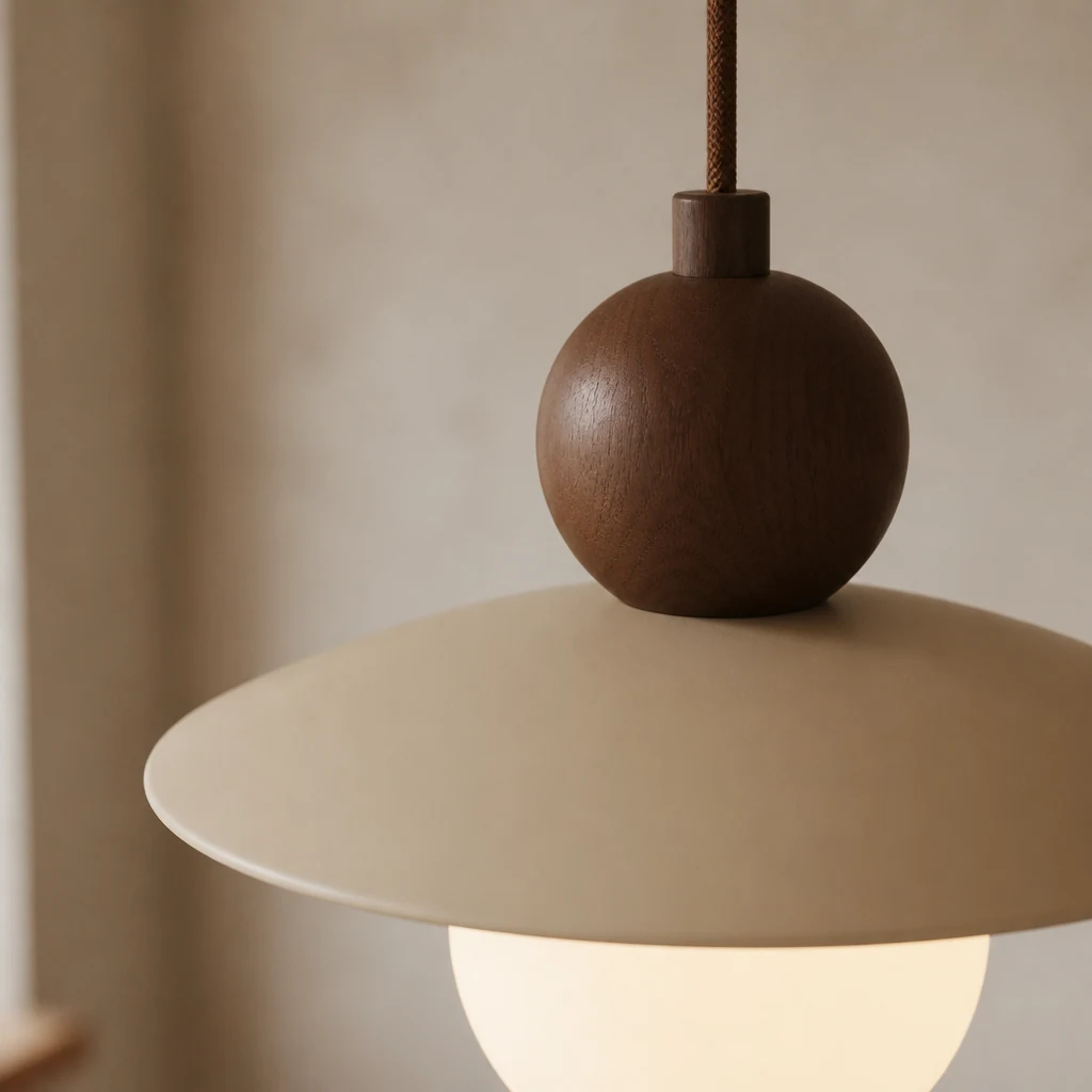 Zbliżenie detalu lampy wiszącej Modiva z wykończeniem z trawertynu i drewna