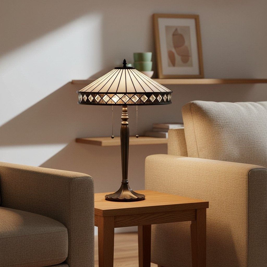 TF Fargo Geometric Tiffany Style Lamp - Amber and Cream Glass Accent Lighting for Bedroom or Study T643