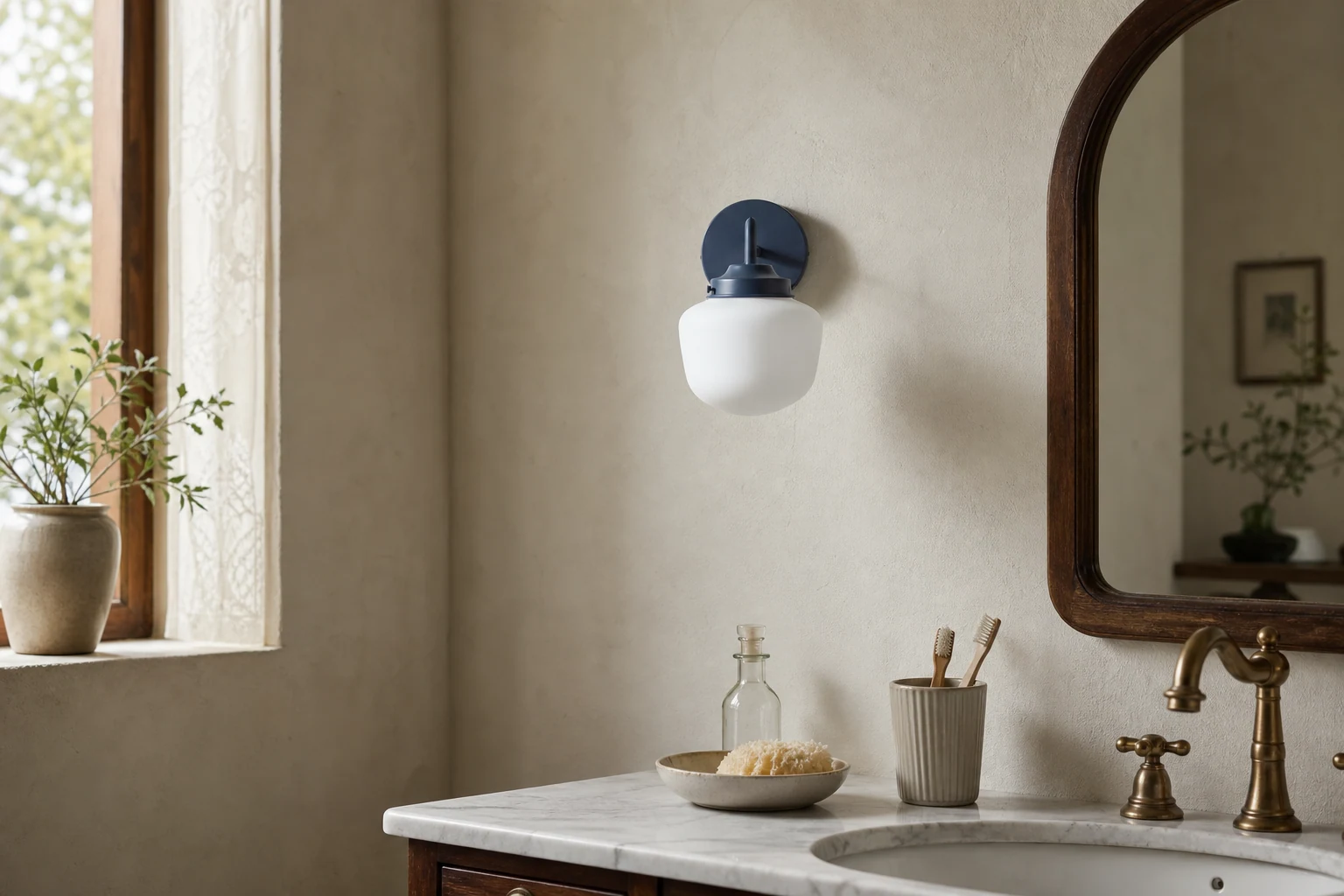 Lampa toaletkowa ze szkła opalowego w scenie lifestylowej opartej na produkcie w kontekście