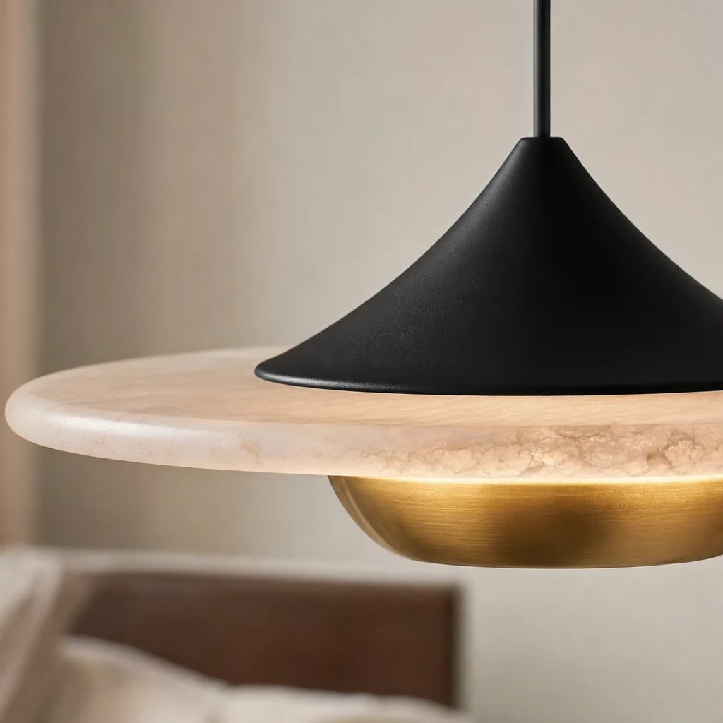 Zbliżenie materiału i wykończenia marmurowej lampy wiszącej Flying Saucer