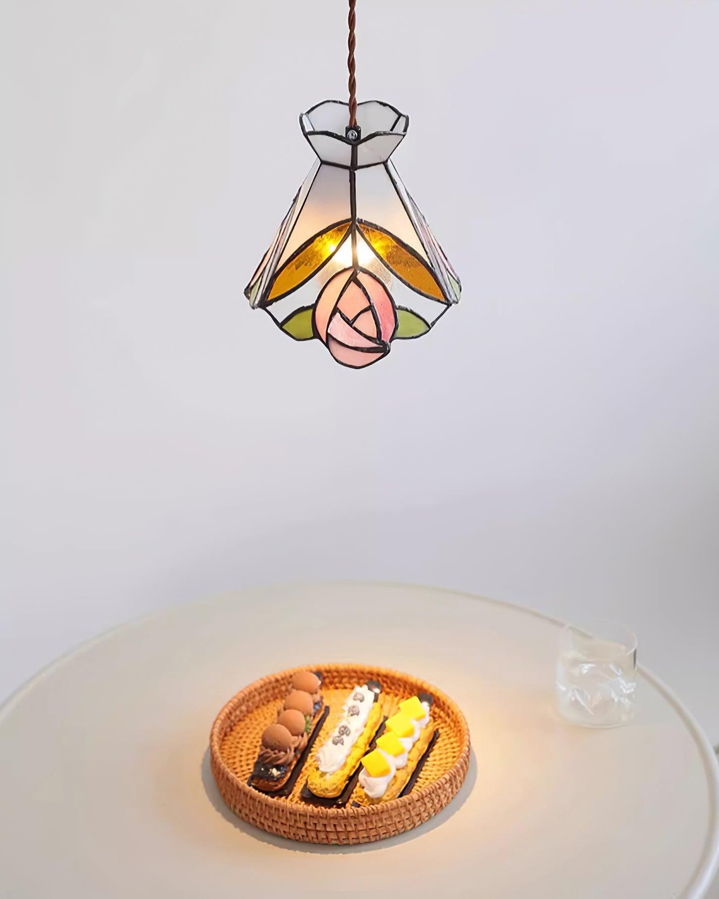 French Retro Rose Stained Glass Pendant Lamp M190