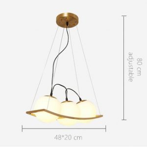 Schemat rozmiarów lampy wiszącej z zakrzywionym groszkiem przedstawiający średnicę 48 cm i wysokość 80 cm