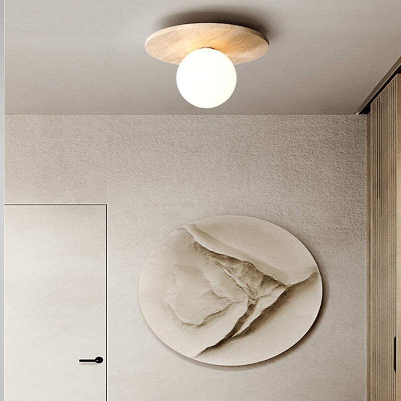 Japanese Minimalist Round Yellow Travertine Shade 1-Light Semi-Flush Mount Ceiling Light G31