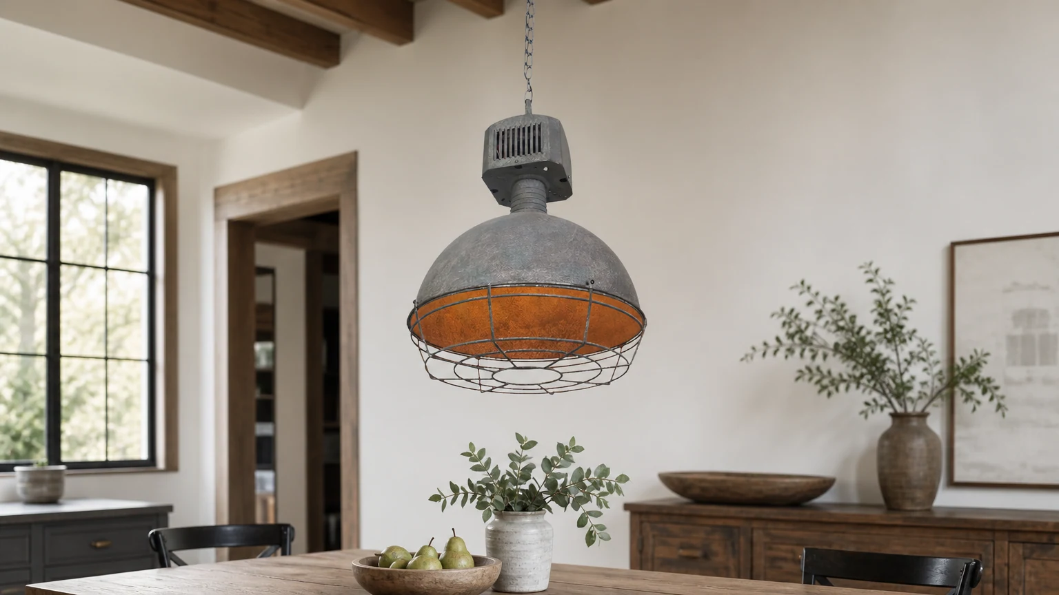 Metalowa lampa wisząca w klatce D469 zainstalowana w industrialnym wnętrzu