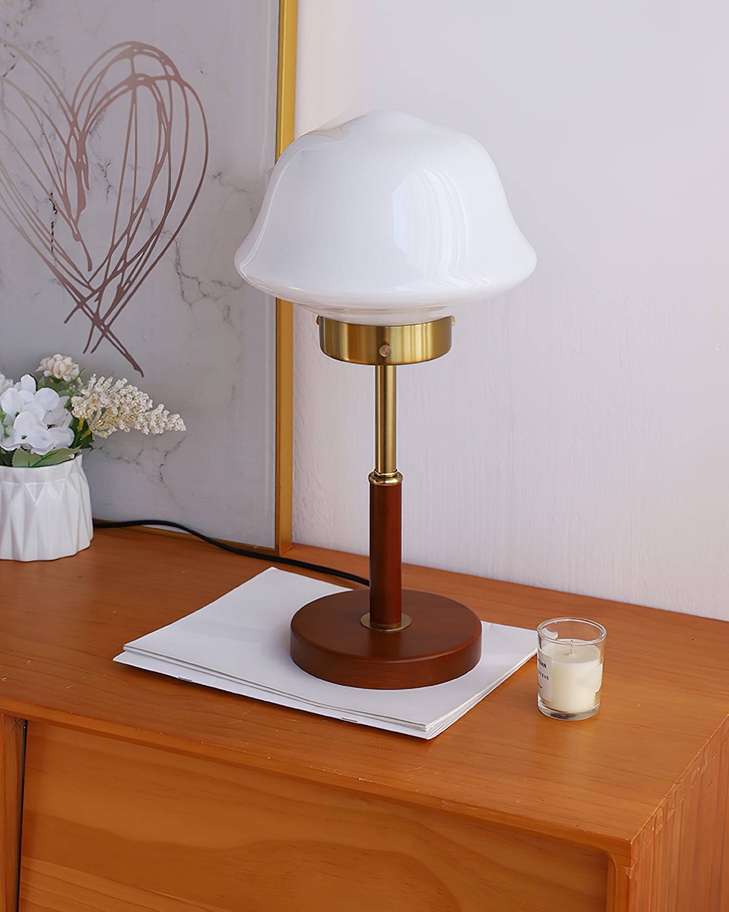 Mid Century Vintage Walnut Glass Table Lamp M395