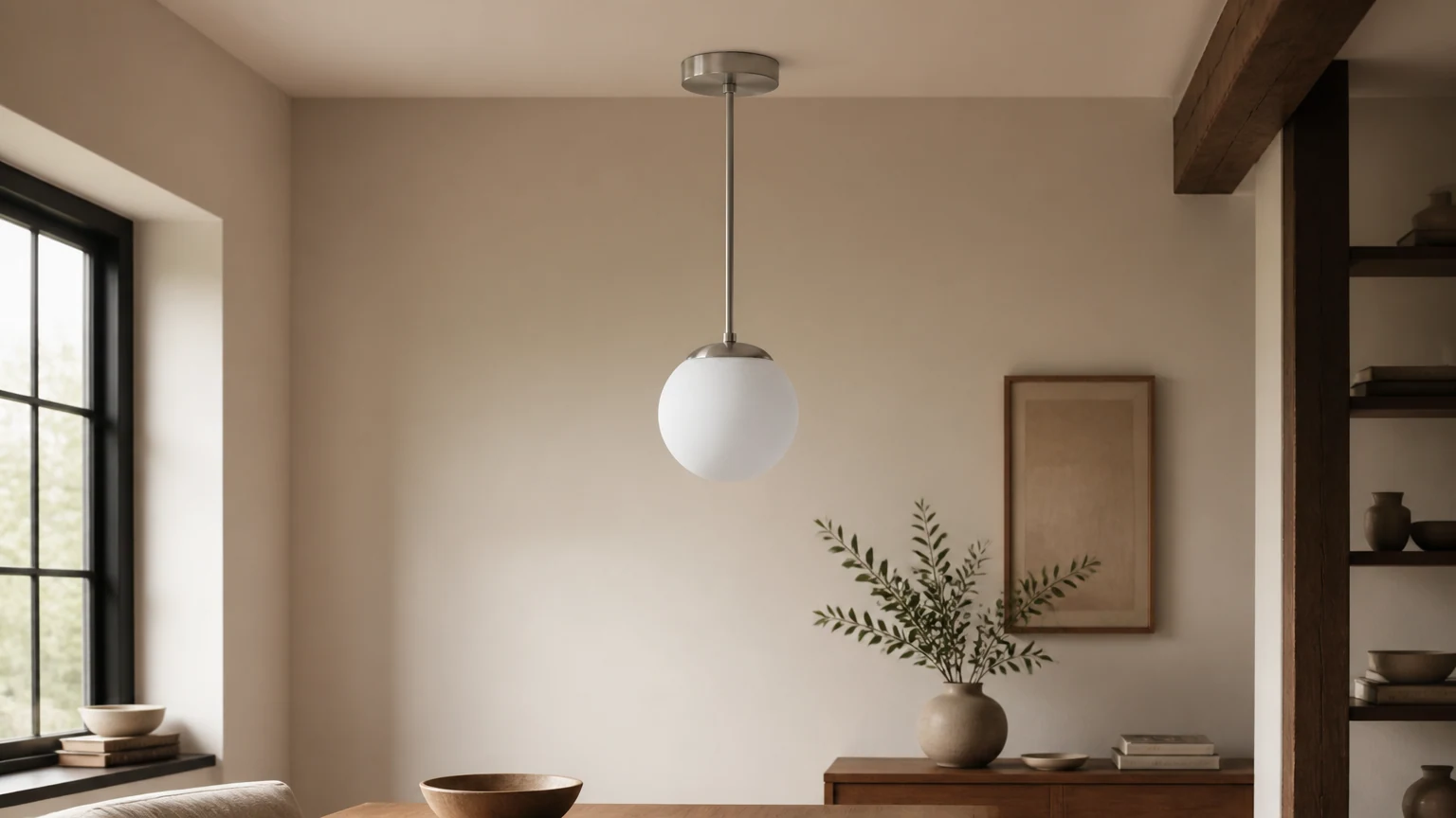 Lampa wisząca Glorica w kolorze opalowo-białym, zainstalowana w ciepłym wnętrzu