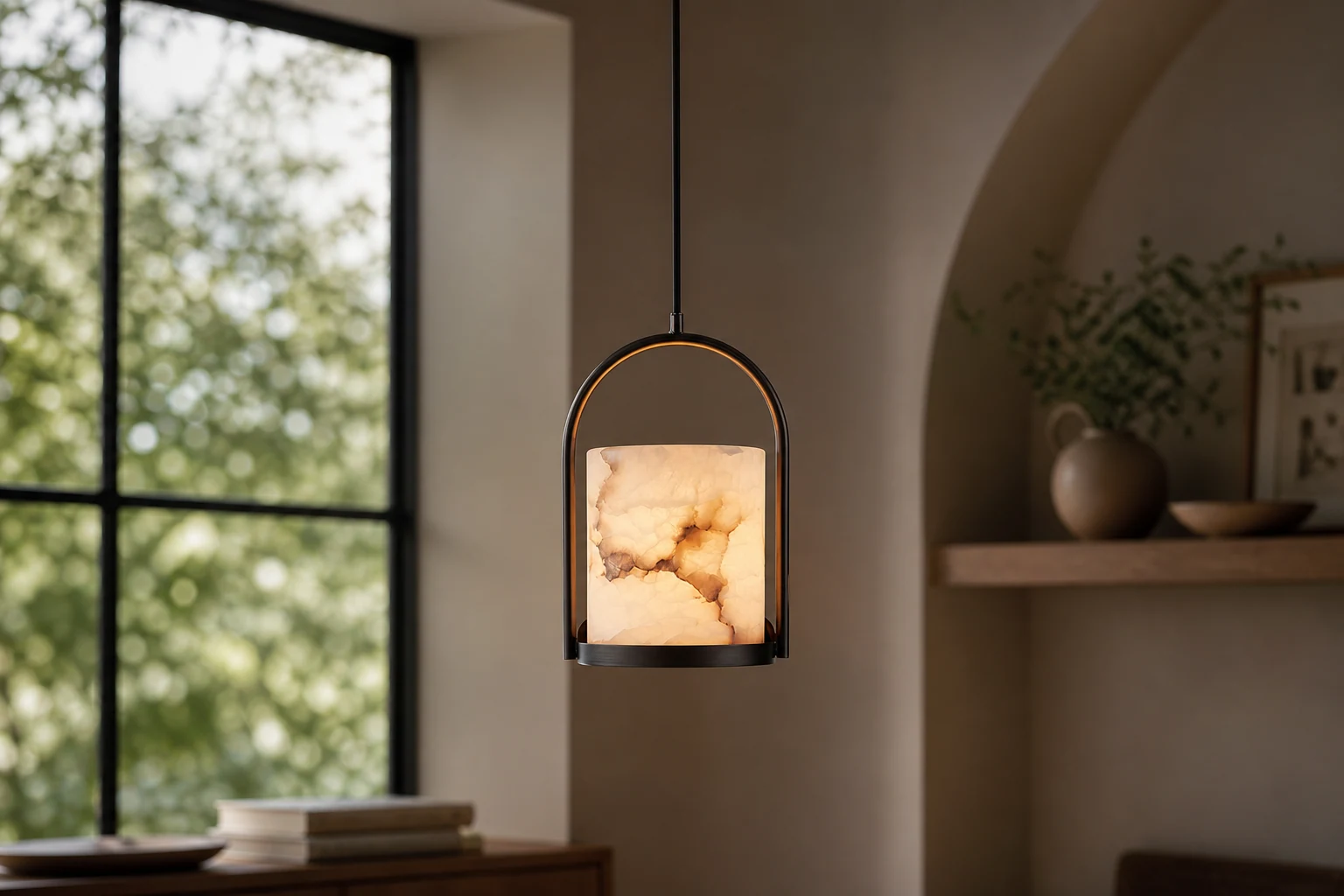 Lampa wisząca Cortland Alabaster D434 używana jako stylowa scena wisząca