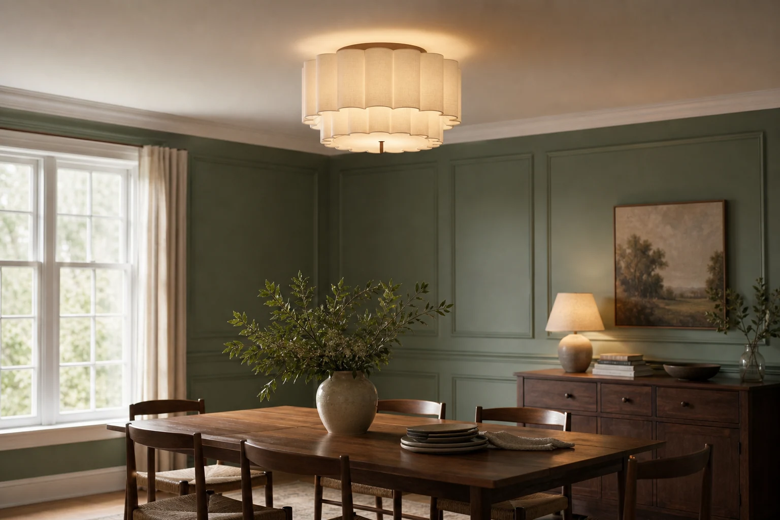 Lampa wisząca Linbron z lnianą muszelki w ciepłym, lifestylowym pomieszczeniu