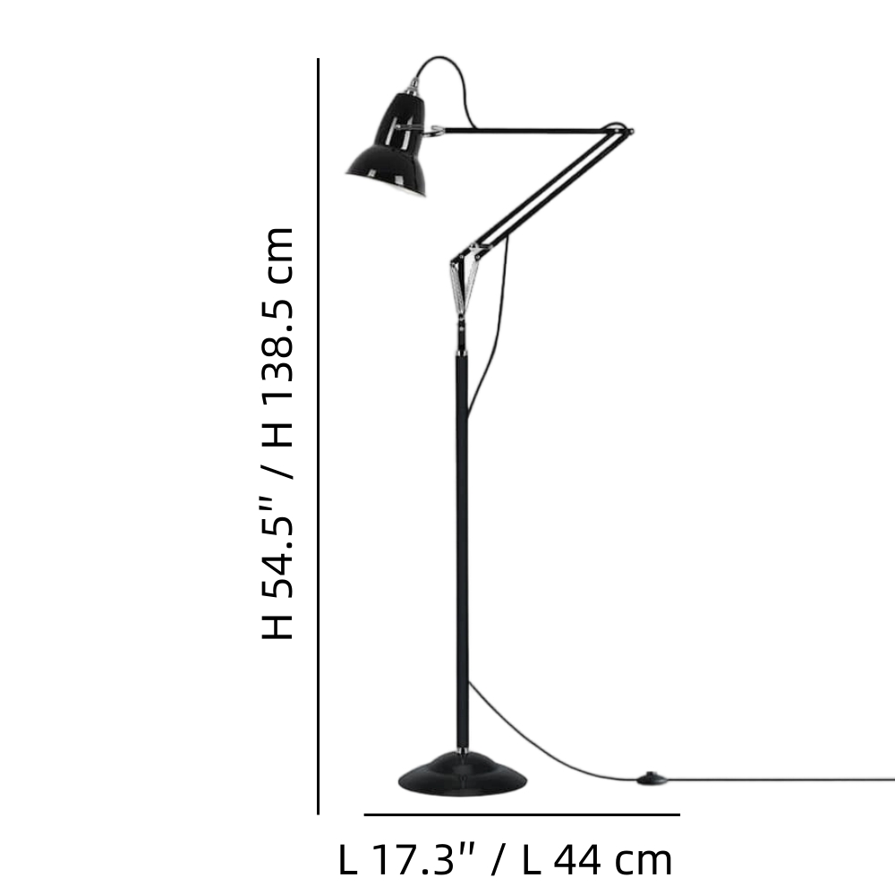 Måttdiagram för Modryx golvlampa som visar höjd, skärmstorlek och fotbredd