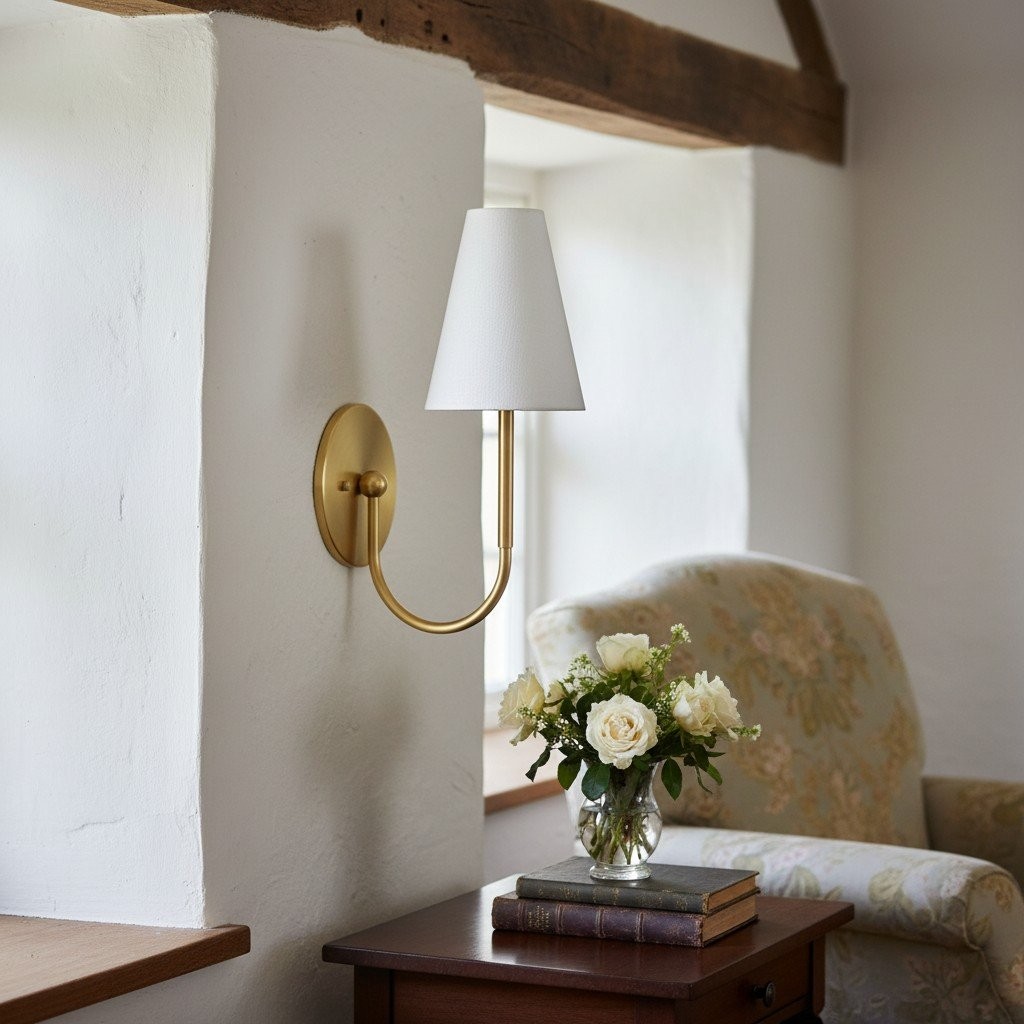 Curva Metal Collection Traditional Wall Light - Brass Finish with Shade T399