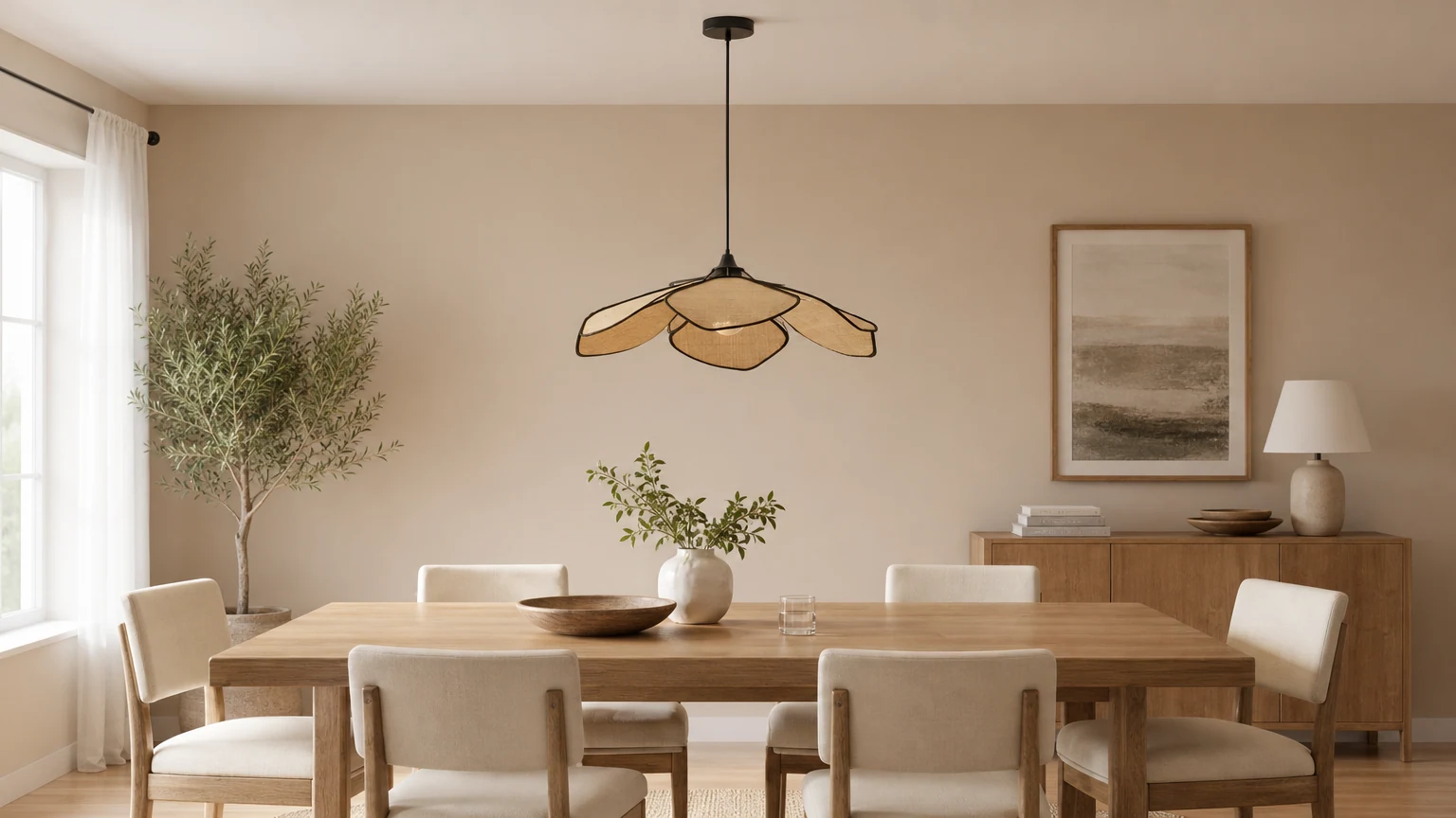 Lampa wisząca z płatków rafii D251 w ciepłej scenerii wnętrza