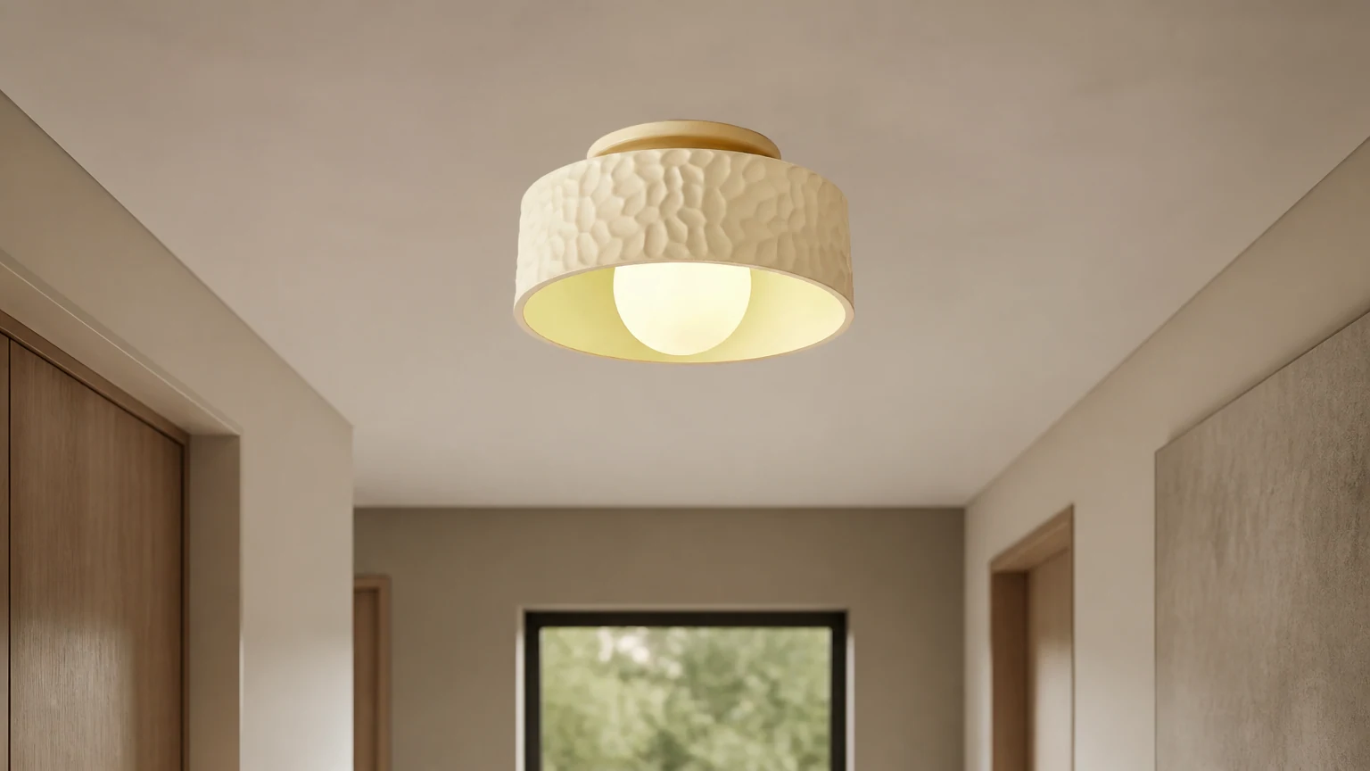 Kremowa lampa sufitowa Creative Hallway M401 zainstalowana w ciepłym korytarzu