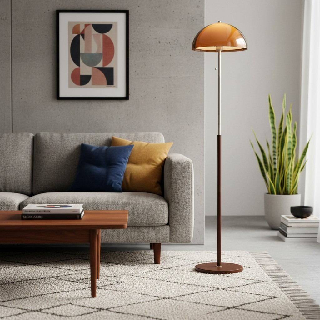 Lámpara de pie Afterglow junto a un sofá en una habitación cálida.