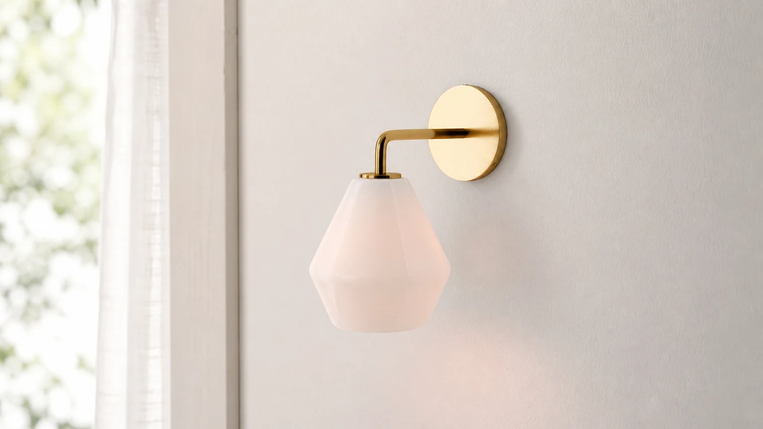 Geometryczna lampa ścienna Merin Sculptural Milk Glass w ciepłym pomieszczeniu