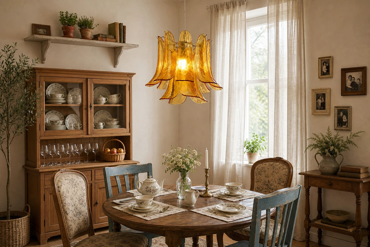 Szklana lampa wisząca Murava D346 pokazana w komplecie we wnętrzu lifestylowym