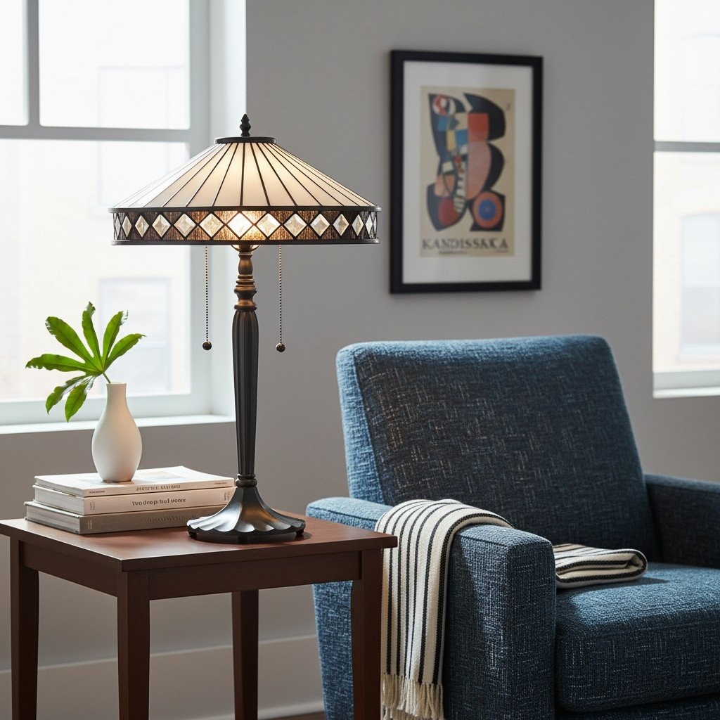 TF Fargo Geometric Tiffany Style Lamp - Amber and Cream Glass Accent Lighting for Bedroom or Study T643