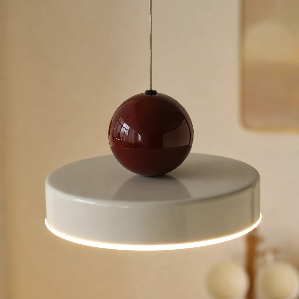 Zbliżenie na okrągłą lampę wiszącą z metalu i akrylu