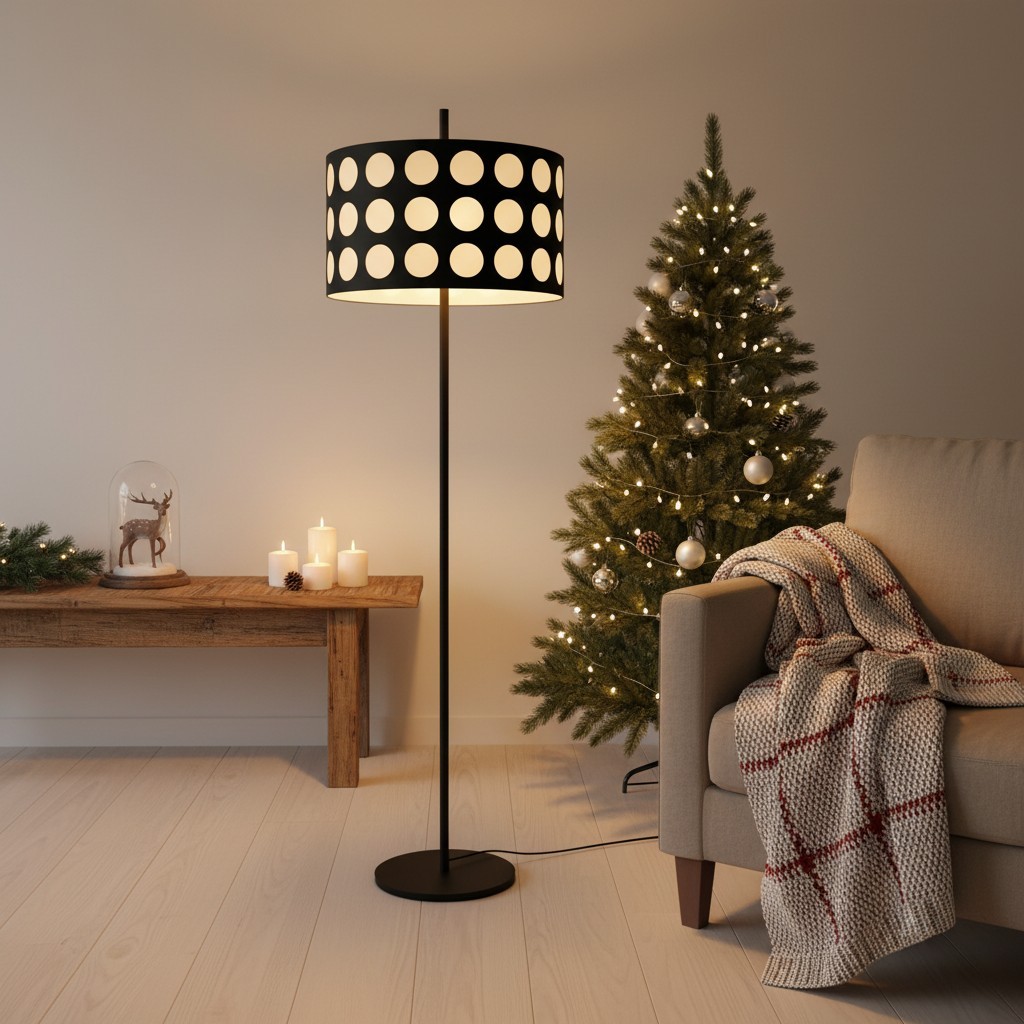 Lámpara de pie de tela con forma de arco y lunares en una sala de estar decorada.