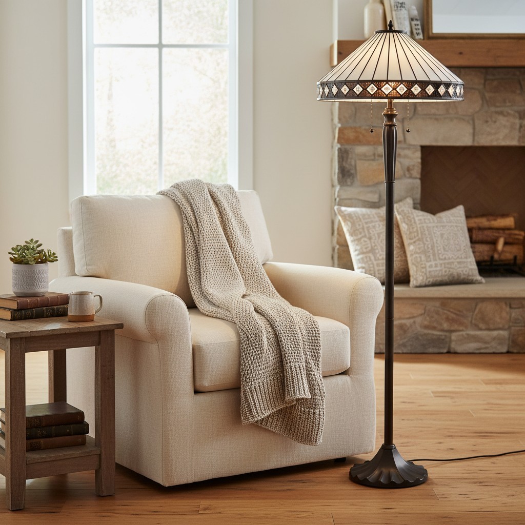 TF Fargo Geometric Tiffany Style Lamp - Amber and Cream Glass Accent Lighting for Bedroom or Study T643