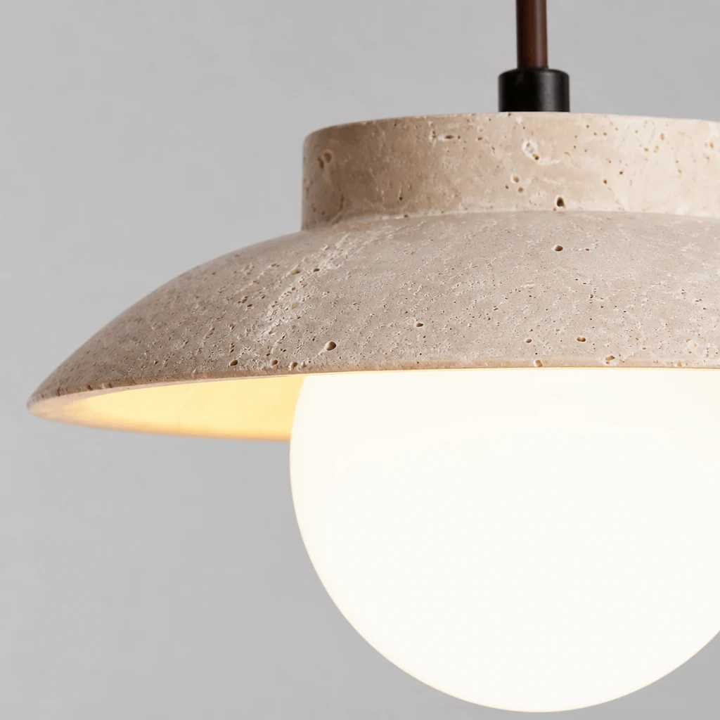 Zbliżenie na klosz z trawertynu i konstrukcję lampy wiszącej LED