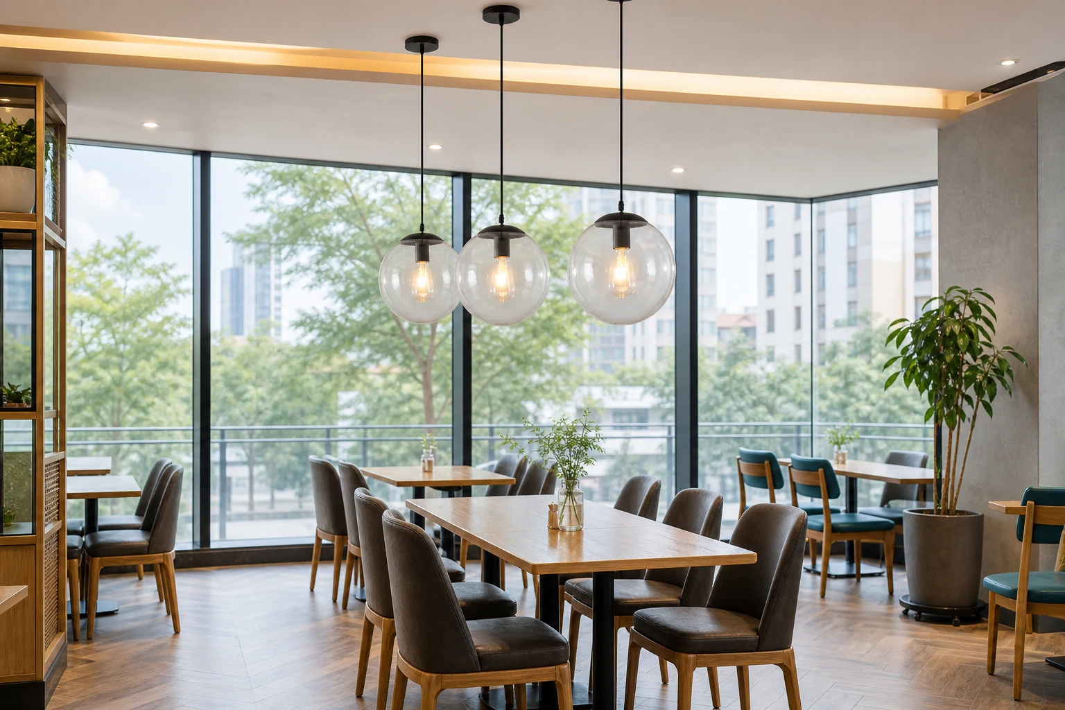 Lampa wisząca ze szklanych kulek pokazana w scenie wnętrza lifestylowej