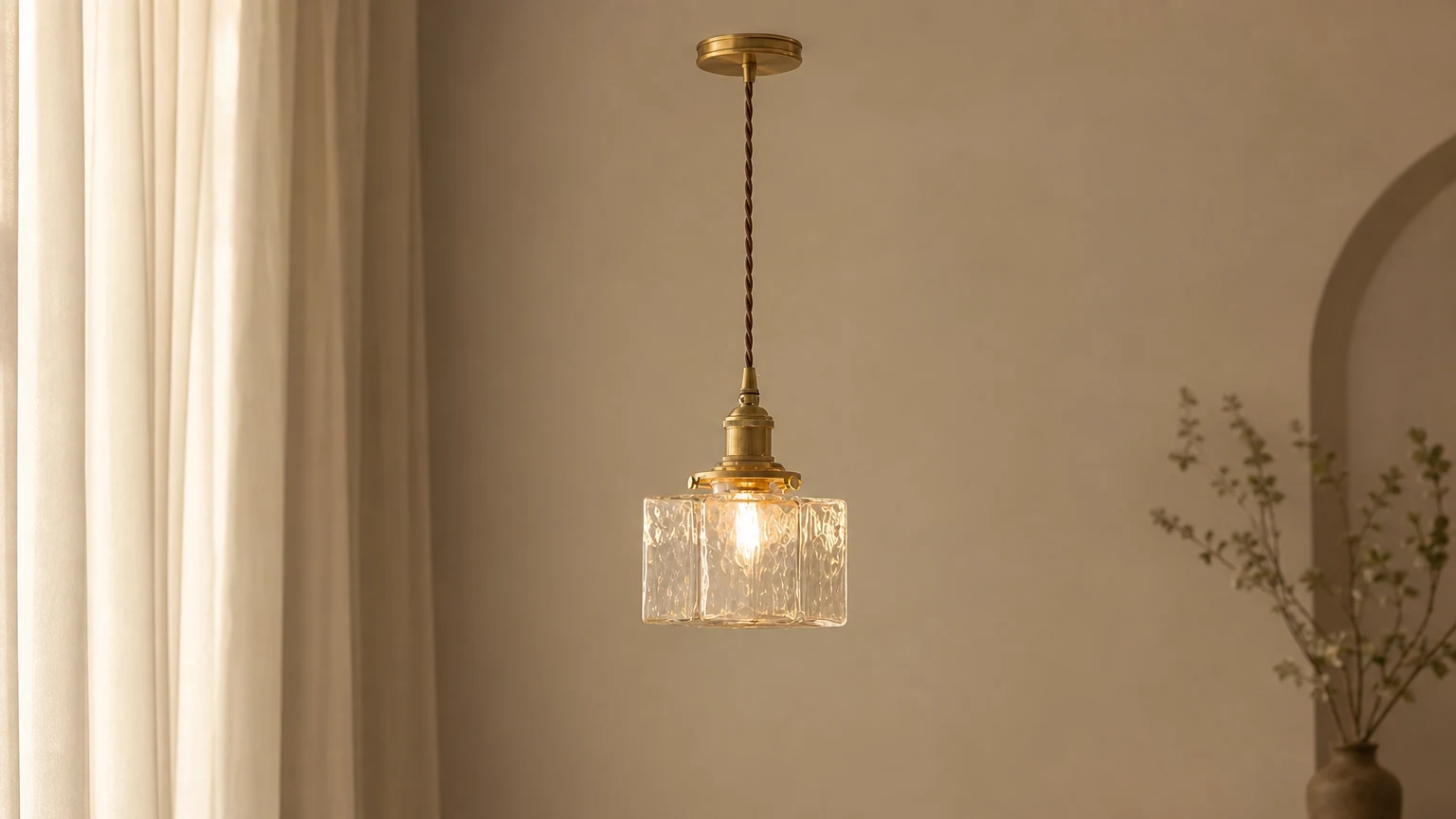 Tradycyjna, żelazna lampa wisząca w stylu vintage z falowanego szkła w ciepłym pomieszczeniu