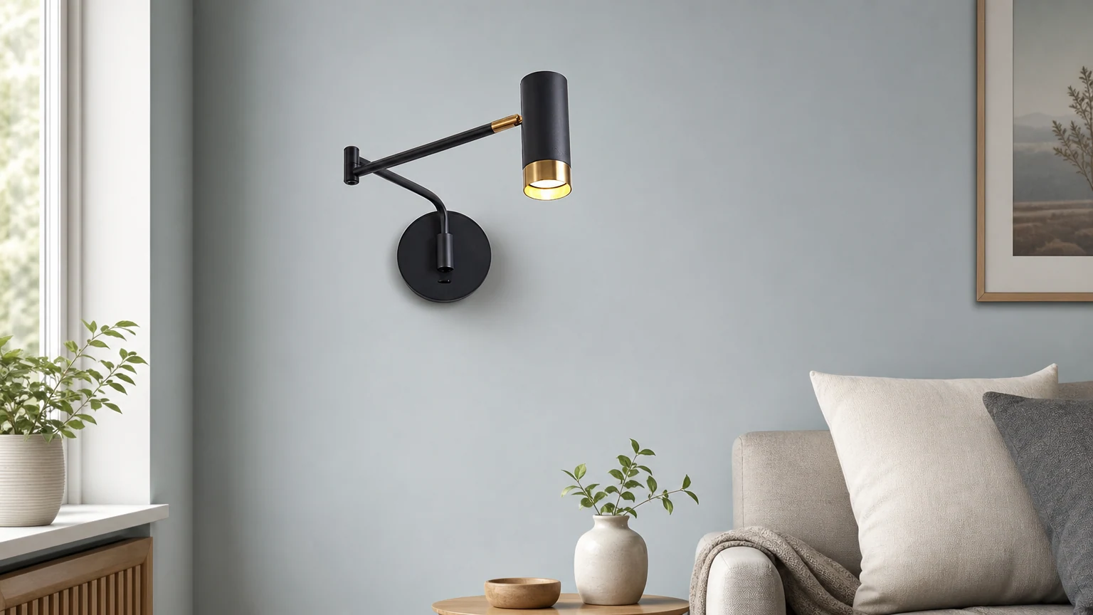 Nowoczesna, regulowana lampa ścienna z wahadłowym ramieniem, zainstalowana w scenie wewnętrznej