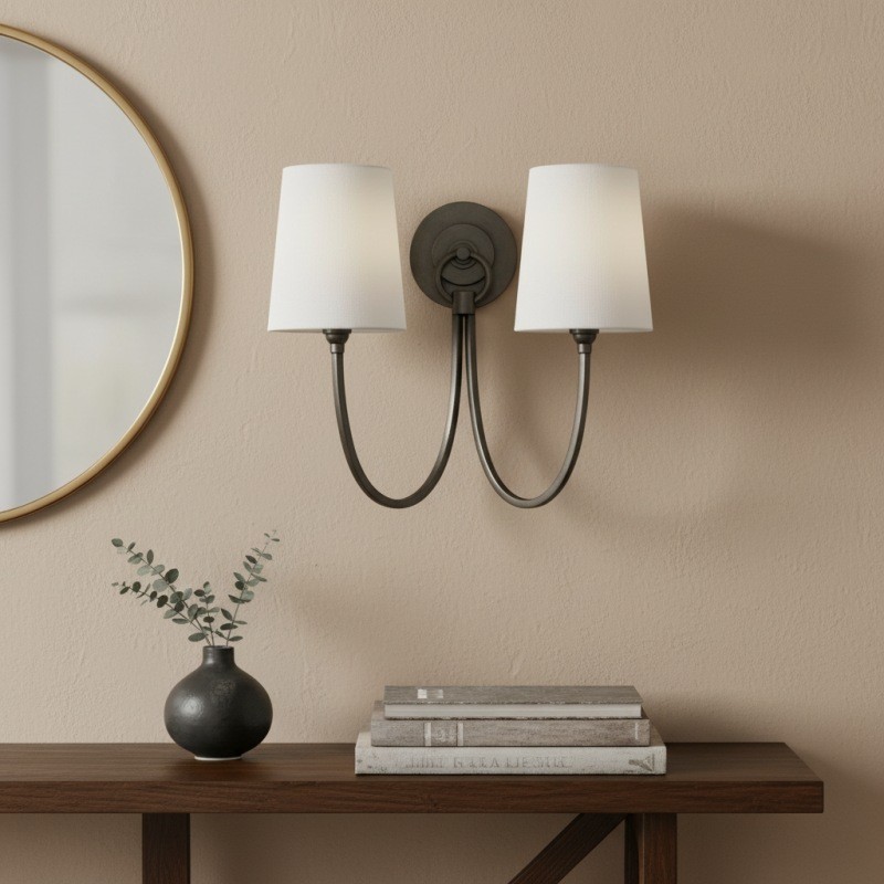 Roven Modern Double Wall Sconce with Curved Arms and Fabric Shades - Classic Accent Lighting for Bedroom T657