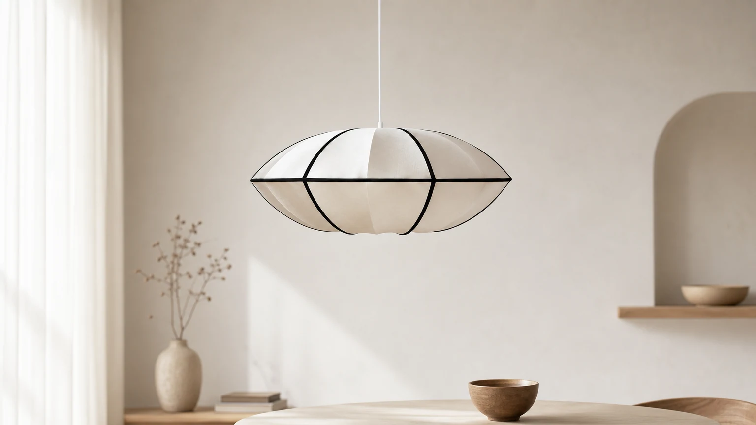 Nordycka, minimalistyczna lampa wisząca z tkaniny Bubble S138 w spokojnym wnętrzu