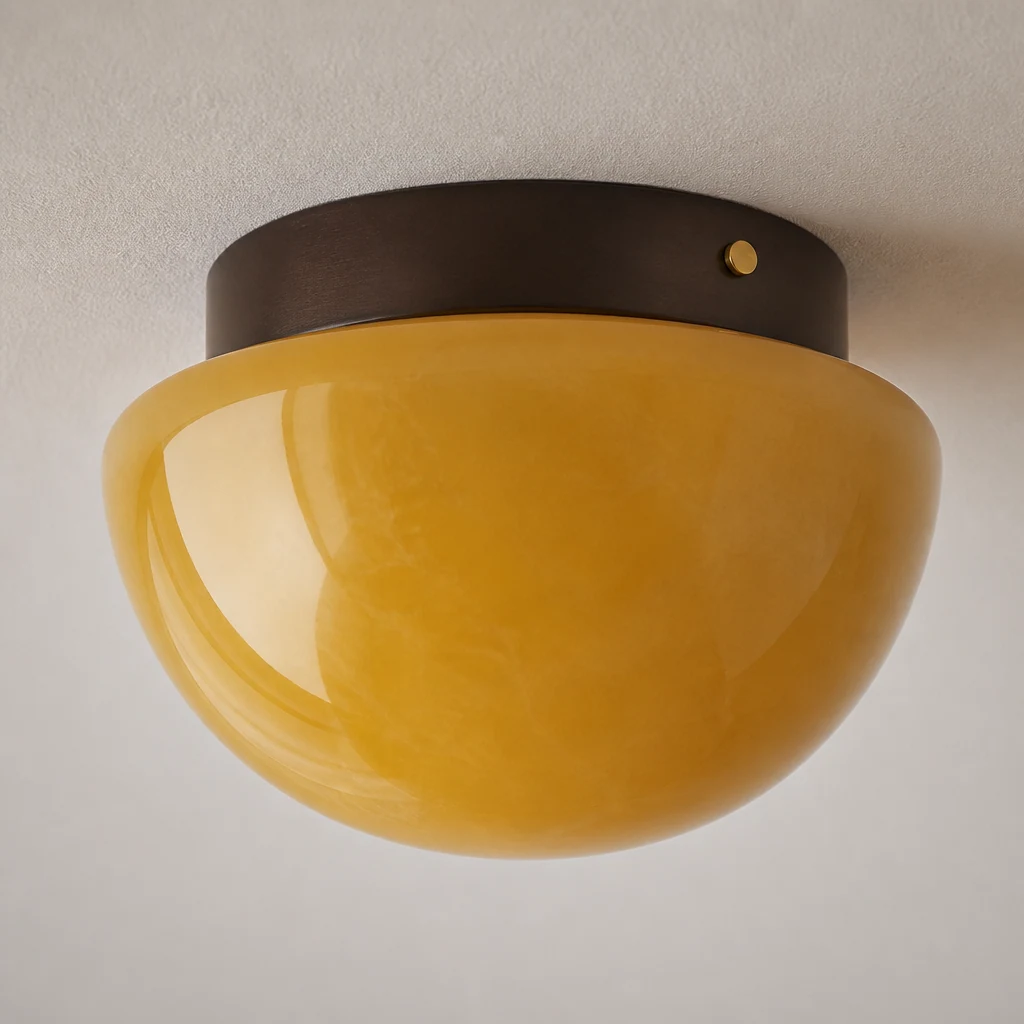 Zbliżenie na lampę sufitową Honeyed Dome ze szkła D317 i górny akcent