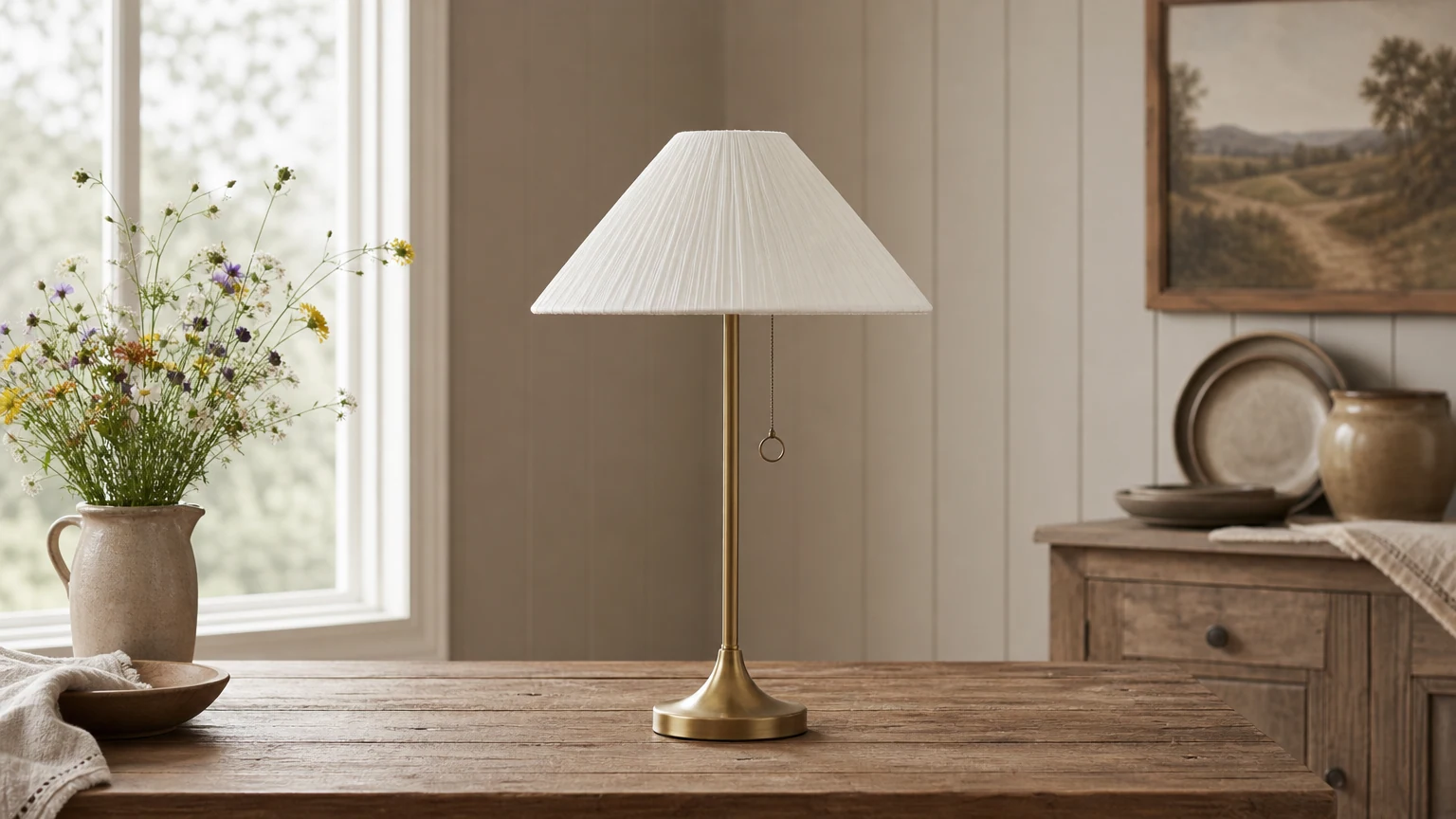 Lampa stołowa Lindi z postarzanego mosiądzu i lnianego muszelki, we wnętrzu