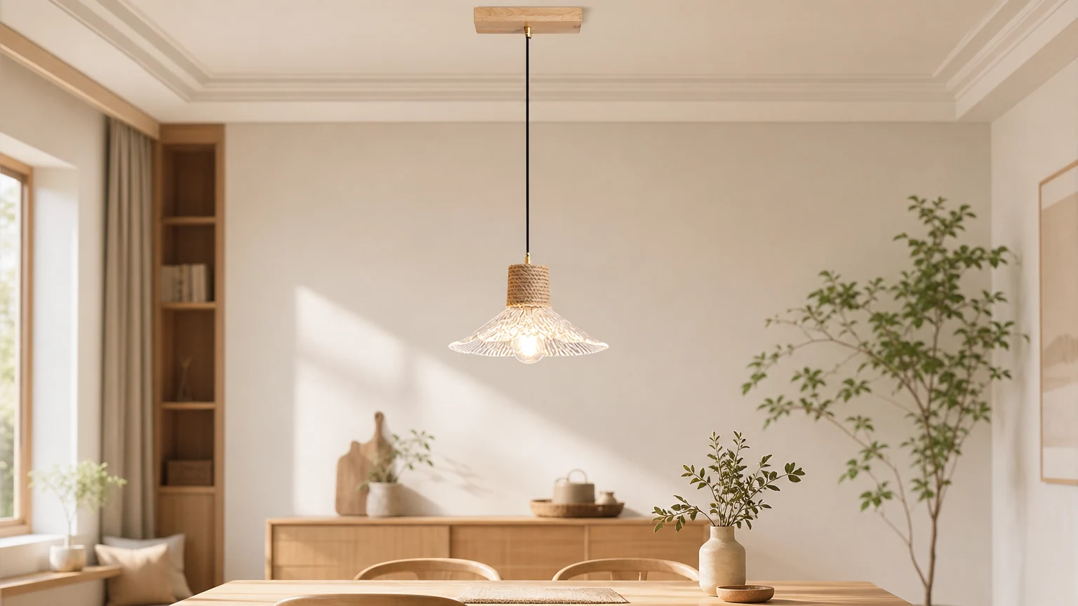 Lampa wisząca Nordic Hemp Rope Glass D938 w ciepłym wnętrzu