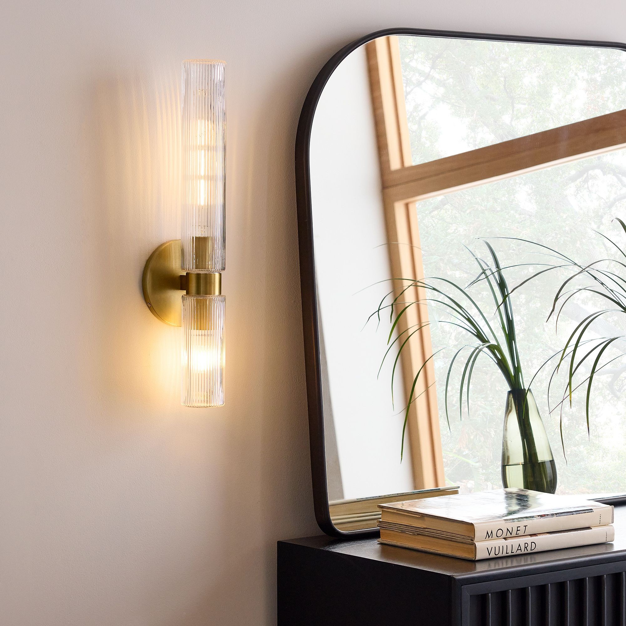 Rivora Fluted Glass Double Short Sconce - Indoor Outdoor Wall Light Elegance T095