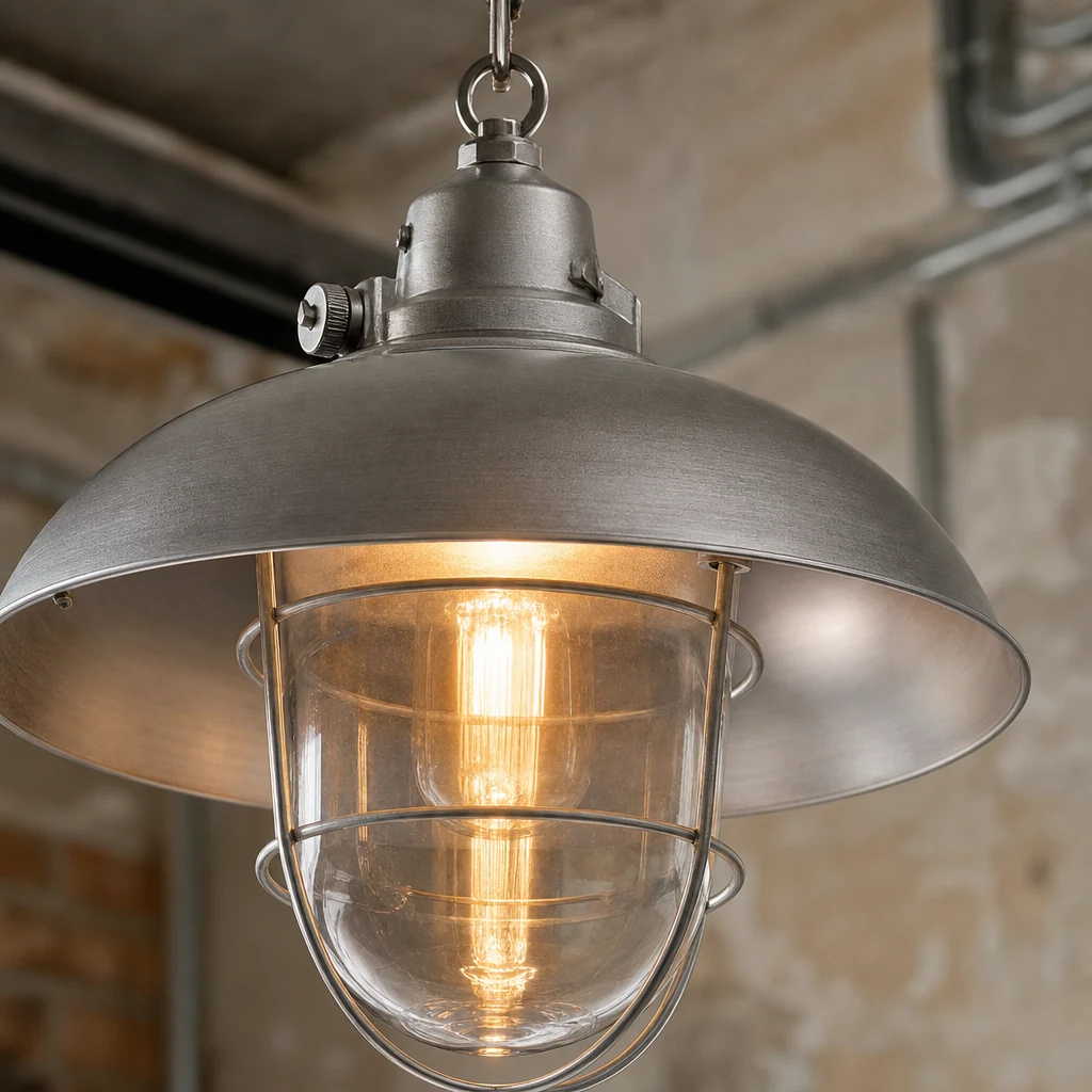 Zbliżenie klatki lampy wiszącej z klatką Bulkhead Cage D629 i szklanego klosza