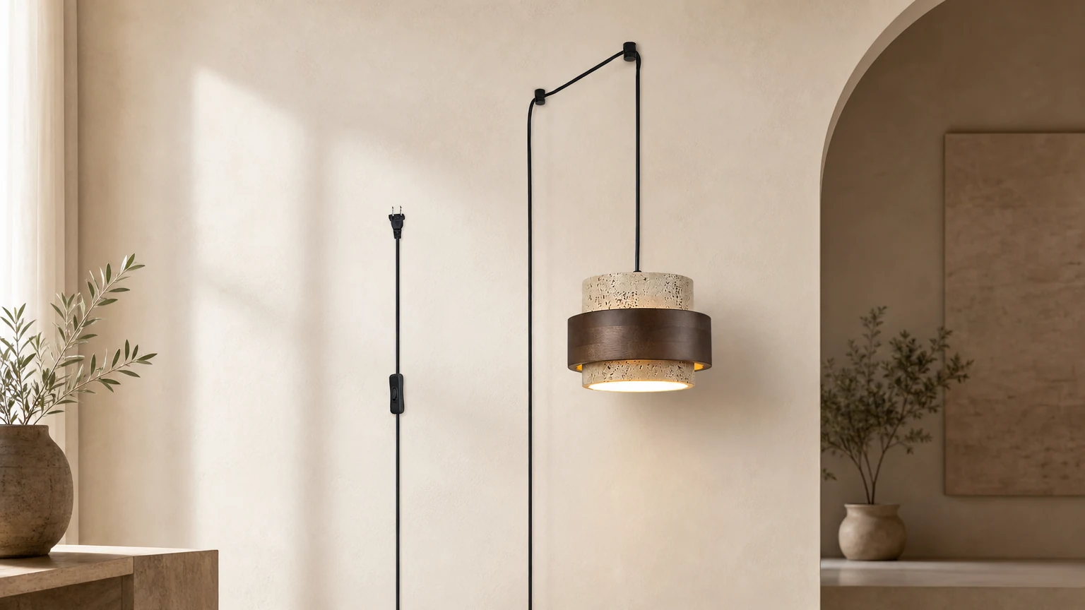Lampa wisząca Cole Travertine Plug In D56 w ciepłym pomieszczeniu