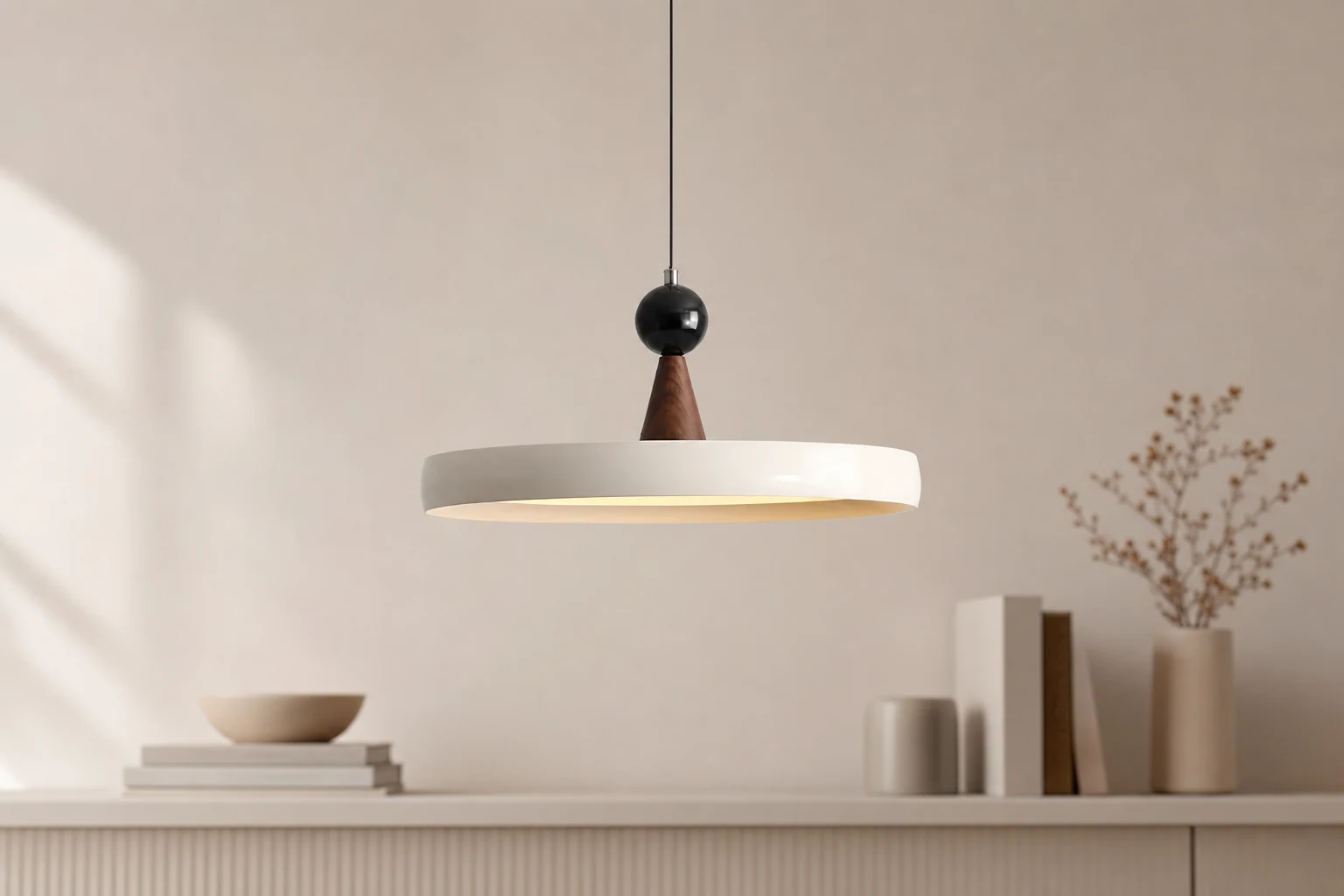 Scena lifestylowa lampy wiszącej UFO Swing Arm w nowoczesnym wnętrzu